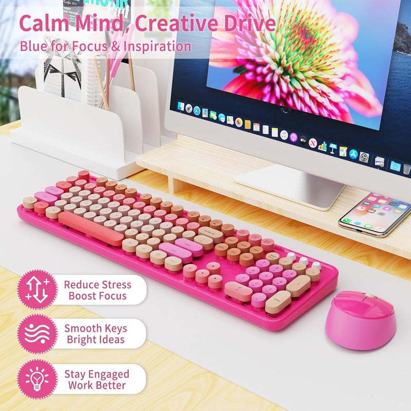 Nowlike Wireless Keyboard and Mouse Combo, Retro Typewriter Keyboard with Round Keycaps, Full-Size Ergonomic, Red, Ideal for Windows PC, Home, Office, and College, Wireless Keyboard Mouse Combo - Image 2
